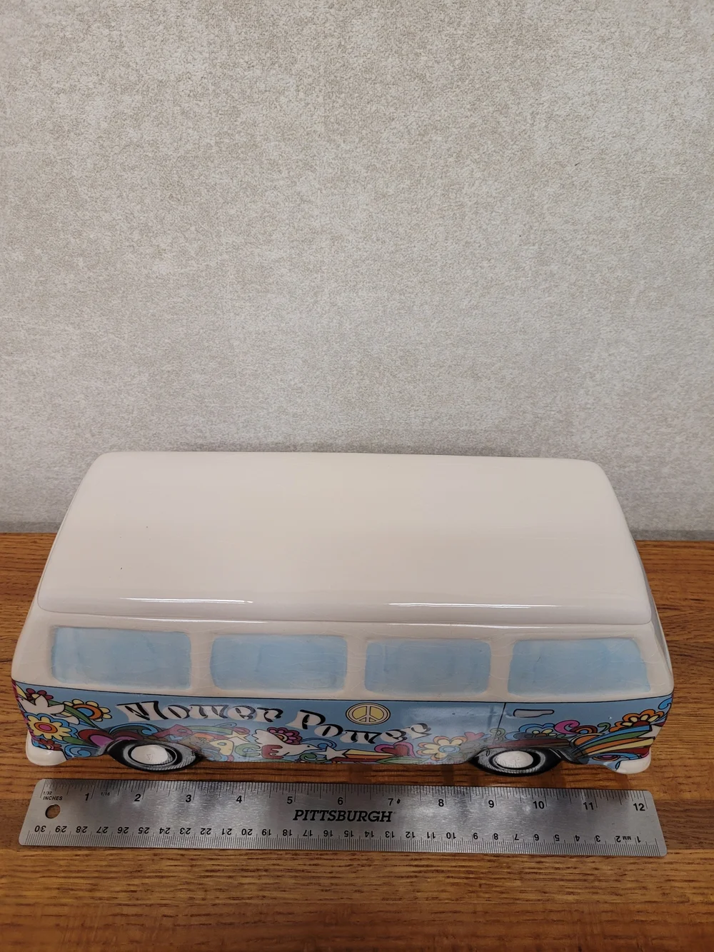 NIB Vintage Ceramic VW Bus Cookie Jar Groovy Hippie Floral Van Canister